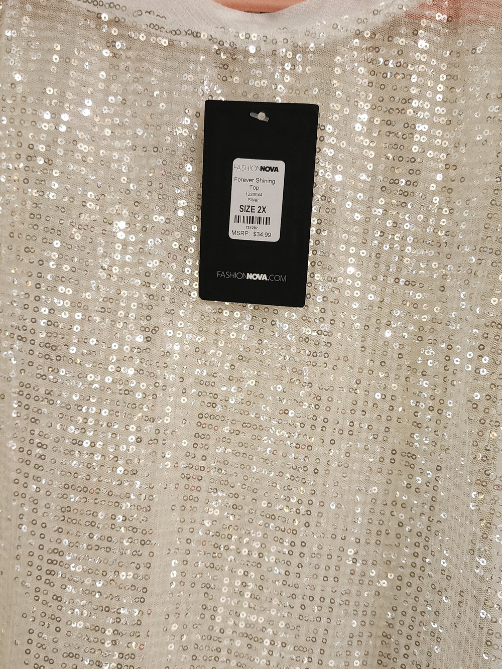 NWT Fashion Nova Forever Shining White Sequin Mesh Long Sleeve Top Plus Size 2X - Picture 2 of 3